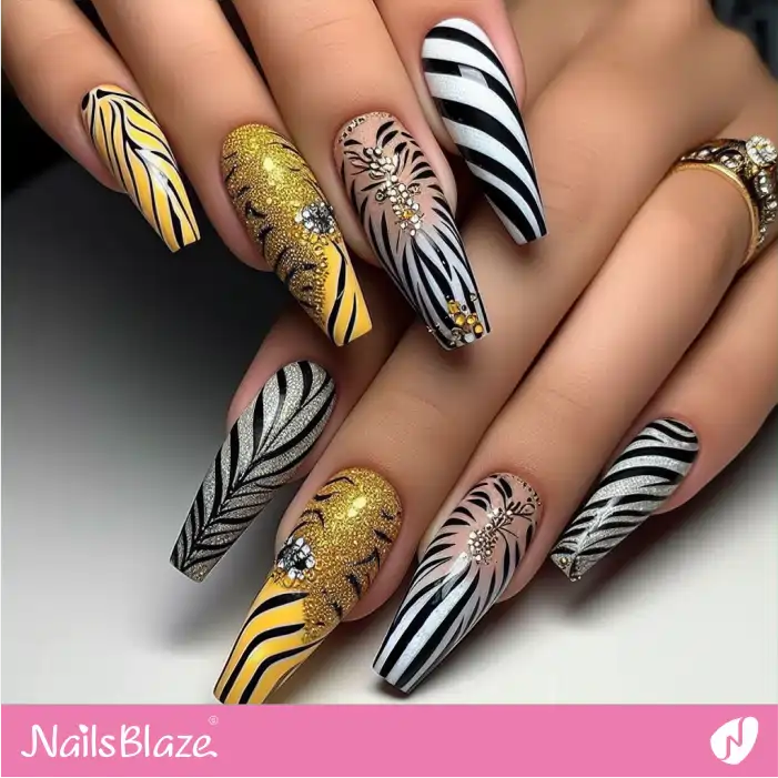 Embellished Zebra Print Nail Design | Animal Print Nails - NB2482